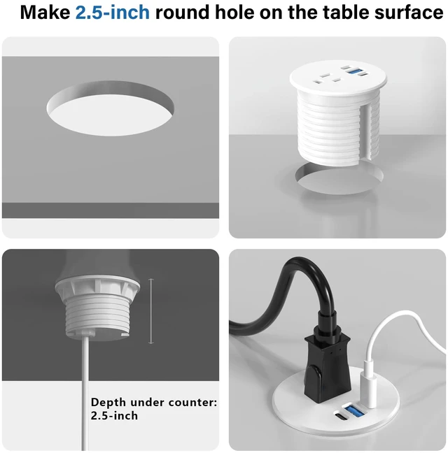 Alt view image 5 of 6 - 2.5 inch Power Grommet,20W USB-C Charging,1 Outlet with 2 USB C,1 USB Port,Furniture Flush Mount for Desktop,Recessed Power Strip,Workspace Essential Desk Outlet,2PCS (White, 2 PCS-6FT Cord)
