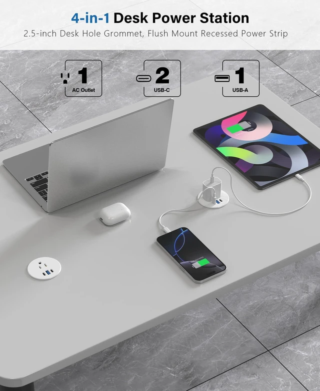 Alt view image 2 of 6 - 2.5 inch Power Grommet,20W USB-C Charging,1 Outlet with 2 USB C,1 USB Port,Furniture Flush Mount for Desktop,Recessed Power Strip,Workspace Essential Desk Outlet,2PCS (White, 2 PCS-6FT Cord)