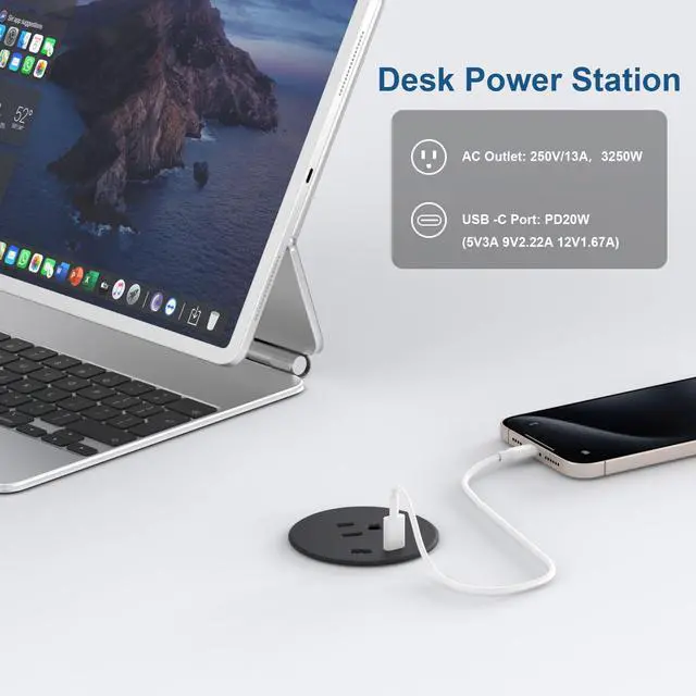 Alt view image 4 of 7 - Desk Power Grommet, Recessed Power Strip with AC Outlet & 2X PD 20W USB C | 6.56FT Cable | 2.36"(60mm) Cut Hole| for Modern Desk, Kitchen Island & Workshop, Black