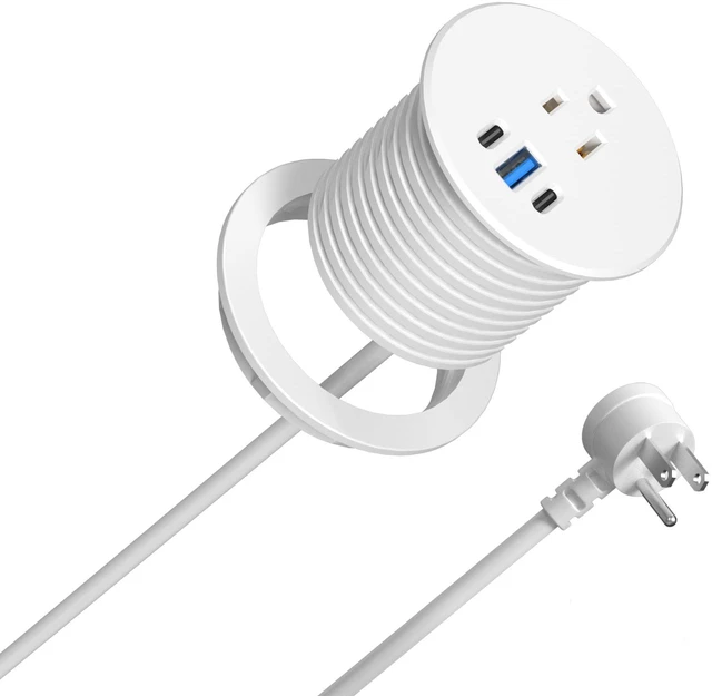 Main image of 2.5 inch Power Grommet,20W USB-C Charging,1 Outlet with 2 USB C,1 USB Port,Furniture Flush Mount for Desktop,Recessed Power Strip,Workspace Essential Desk Outlet (White, 6 FT)