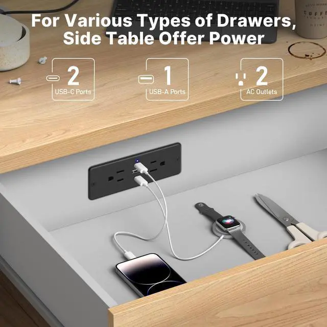 Alt view image 2 of 7 - Recessed Power Strip with Outlet and USB C Ports, Furniture Flush Mount Power Strip, Small Desk Hidden Outlet for Conference Table, Nightstand, Black, 6FT