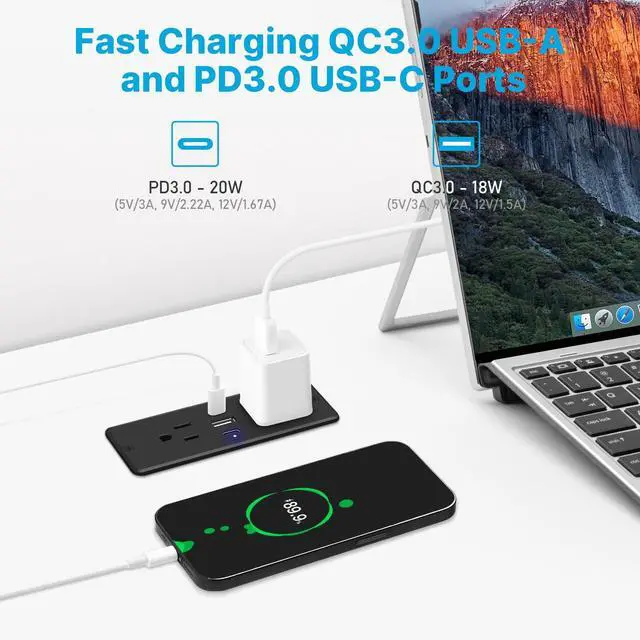 Alt view image 3 of 7 - Recessed Power Strip with Outlet and USB C Ports, Furniture Flush Mount Power Strip, Small Desk Hidden Outlet for Conference Table, Nightstand, Black, 6FT