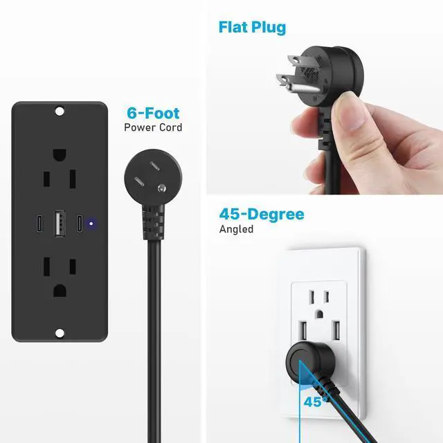 Alt view image 4 of 7 - Recessed Power Strip with Outlet and USB C Ports, Furniture Flush Mount Power Strip, Small Desk Hidden Outlet for Conference Table, Nightstand, Black, 6FT