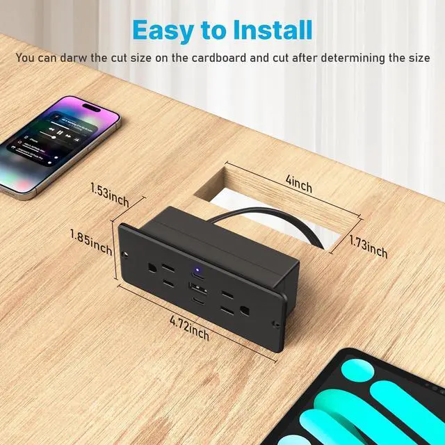 Alt view image 5 of 7 - Recessed Power Strip with Outlet and USB C Ports, Furniture Flush Mount Power Strip, Small Desk Hidden Outlet for Conference Table, Nightstand, Black, 6FT