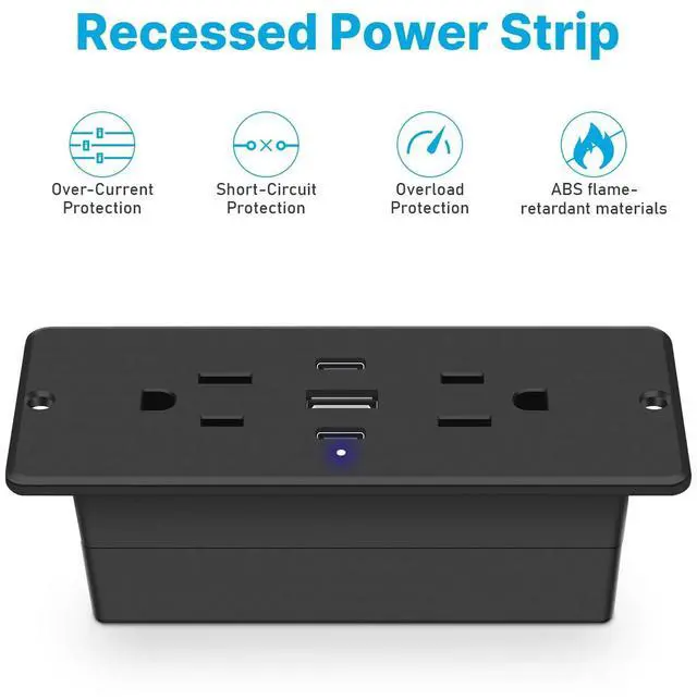 Alt view image 7 of 7 - Recessed Power Strip with Outlet and USB C Ports, Furniture Flush Mount Power Strip, Small Desk Hidden Outlet for Conference Table, Nightstand, Black, 6FT