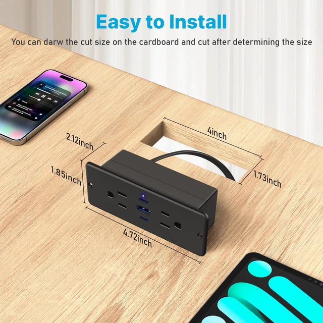 Alt view image 5 of 7 - Recessed Power Strip with Outlet and 65W USB C Ports, Furniture Flush Mount Power Strip, Small Desk Hidden Outlet for Conference Table, Nightstand, Black, 10FT