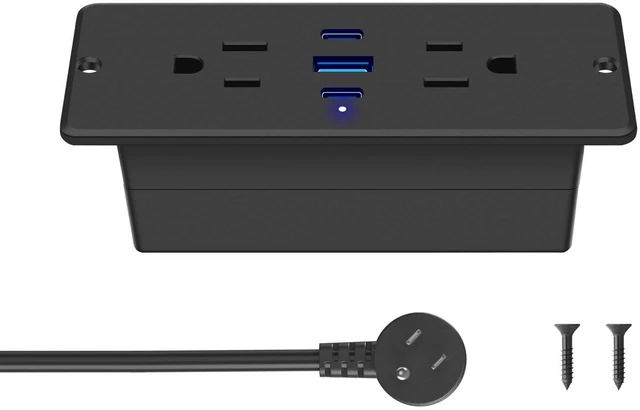 Main image of Recessed Power Strip with Outlet and 65W USB C Ports, Furniture Flush Mount Power Strip, Small Desk Hidden Outlet for Conference Table, Nightstand, Black, 10FT