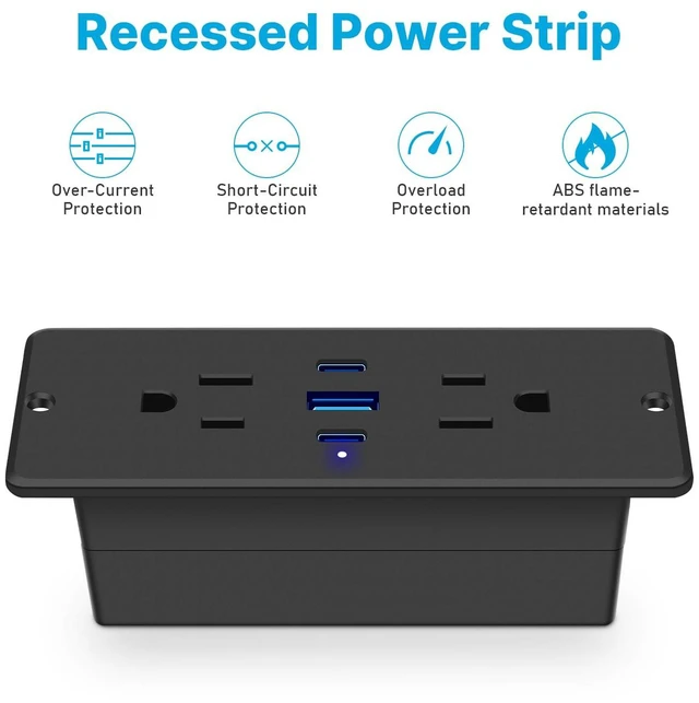 Alt view image 7 of 7 - Recessed Power Strip with Outlet and 65W USB C Ports, Furniture Flush Mount Power Strip, Small Desk Hidden Outlet for Conference Table, Nightstand, Black, 10FT