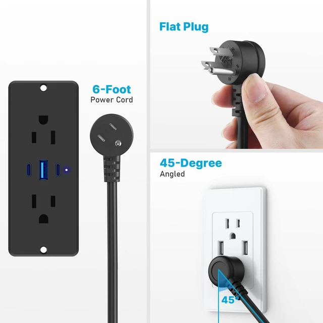 Alt view image 4 of 7 - Recessed Power Strip with Outlet and 65W USB C Ports, Furniture Flush Mount Power Strip, Small Desk Hidden Outlet for Conference Table, Nightstand, Black, 6FT