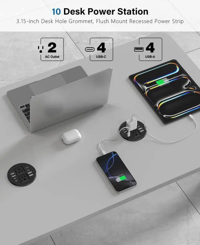 Alt view image 4 of 7 - 3.15 inch Desktop Power Grommet,40W USB Recessed Outlet