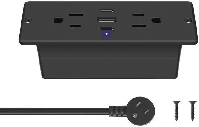 Main image of Recessed Power Strip with Outlet and USB C Ports, Furniture Flush Mount Power Strip, Small Desk Hidden Outlet for Conference Table, Nightstand, Black, 6FT