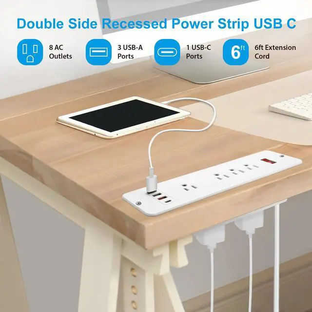 Alt view image 3 of 7 - Double Side USB C Recessed Power Strip,Countertop Plugs 8 Outlets 4 USB Ports, PD 20W Flush Mount Desk Plug Station Flat Plug Mountable Power Socket Build into Furniture, Drawer, Table,Cabinet