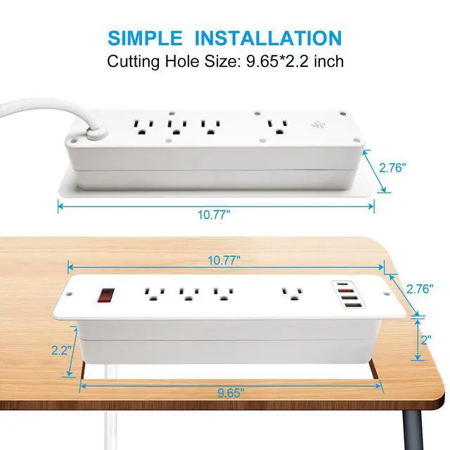Alt view image 2 of 7 - Double Side USB C Recessed Power Strip,Countertop Plugs 8 Outlets 4 USB Ports, PD 20W Flush Mount Desk Plug Station Flat Plug Mountable Power Socket Build into Furniture, Drawer, Table,Cabinet