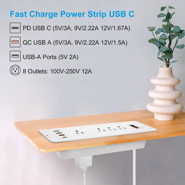 Alt view image 5 of 7 - Double Side USB C Recessed Power Strip,Countertop Plugs 8 Outlets 4 USB Ports, PD 20W Flush Mount Desk Plug Station Flat Plug Mountable Power Socket Build into Furniture, Drawer, Table,Cabinet