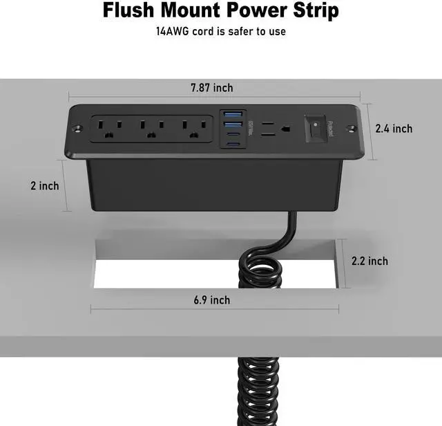 Alt view image 7 of 7 - Drawer Outlet Kit 65W USB C, Furniture Recessed Power Strip | Flush Mount Charging Station with 4 Outlets & 4 USB Ports for Home Office Cabinet 6FT Spring Cord Black