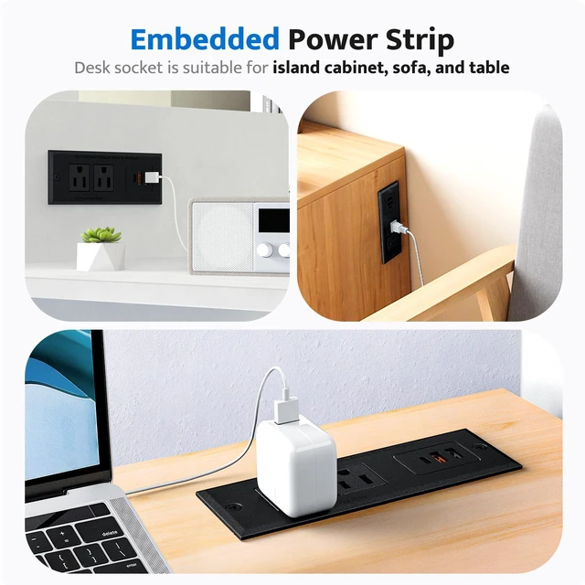 Alt view image 3 of 7 - Recessed Power Strip with 20W USB C Port, Fast Charging USB A Port Conference Recessed Outlet, Space-Saver for Furniture Side Table, End Table, Desk Outlet with 6ft Cord, 45° Thin Flat Plug, Black