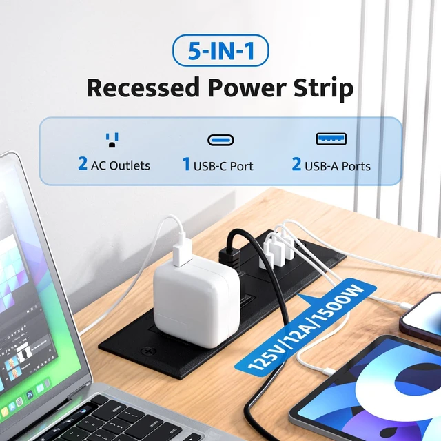 Alt view image 2 of 7 - Recessed Power Strip with 20W USB C Port, Fast Charging USB A Port Conference Recessed Outlet, Space-Saver for Furniture Side Table, End Table, Desk Outlet with 6ft Cord, 45° Thin Flat Plug, Black
