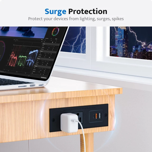 Alt view image 6 of 7 - Recessed Power Strip with 20W USB C Port, Fast Charging USB A Port Conference Recessed Outlet, Space-Saver for Furniture Side Table, End Table, Desk Outlet with 6ft Cord, 45° Thin Flat Plug, Black