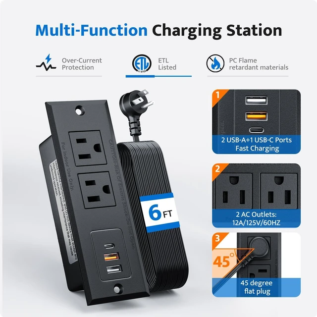 Alt view image 4 of 7 - Recessed Power Strip with 20W USB C Port, Fast Charging USB A Port Conference Recessed Outlet, Space-Saver for Furniture Side Table, End Table, Desk Outlet with 6ft Cord, 45° Thin Flat Plug, Black