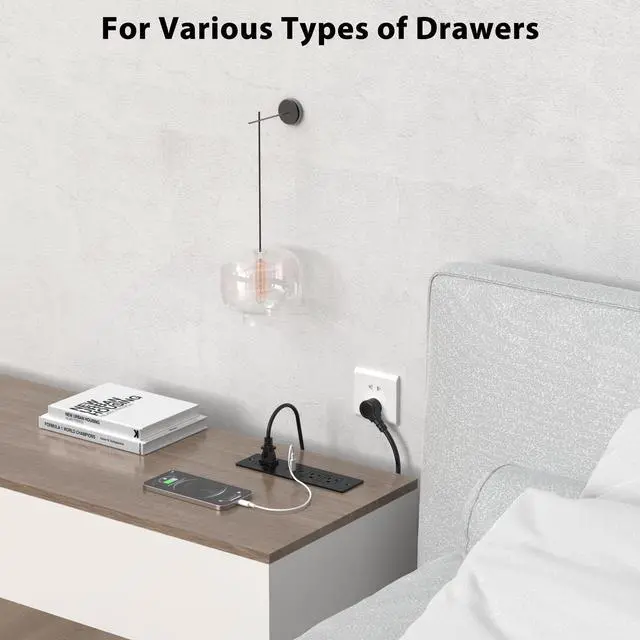 Alt view image 6 of 7 - Drawer Outlet kit, Furniture Recessed Power Strip ETL Listed. Black | Flush Mount Charging Station with (3) PD 20W USB Ports & (3) 15A Plug for Cabinet in Desk Electrical Outlet