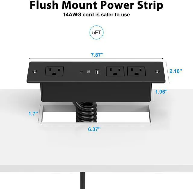 Alt view image 7 of 7 - Drawer Outlet kit, Furniture Recessed Power Strip ETL Listed. Black | Flush Mount Charging Station with (3) PD 20W USB Ports & (3) 15A Plug for Cabinet in Desk Electrical Outlet
