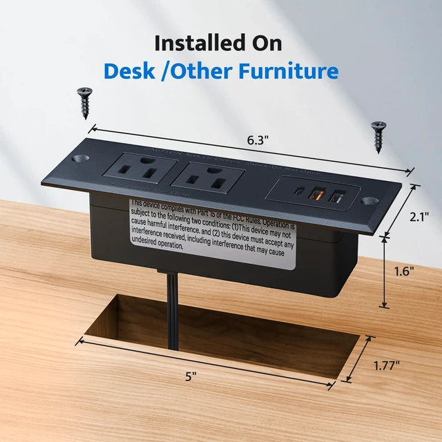 Alt view image 7 of 7 - Recessed Power Strip with 20W USB C Port, Fast Charging USB A Port Conference Recessed Outlet, Space-Saver for Furniture Side Table, End Table, Desk Outlet with 6ft Cord, 45° Thin Flat Plug, Black