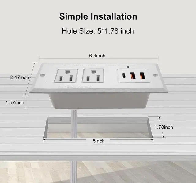 Alt view image 2 of 6 - Recessed Power Strip with 20W USB-C Desktop Charge Station with 3 Fast Charging USB Ports Flush Mount Furniture Outlet for Conference Table Nightstand Cabinet, ETL Certified