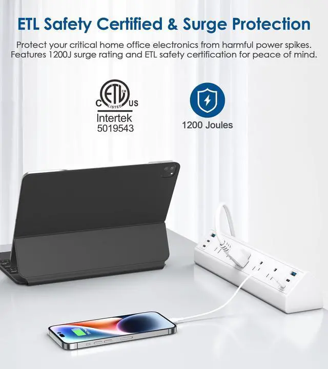 Alt view image 3 of 7 - Desk Clamp Power Strip USB C,40W Total Fast Charging Station,4 PD 20W USB C Ports,Desk Edge Mount Surge Protector,5 Outlets,Fit 1.96" Tabletop Edge,ETL Listed,White