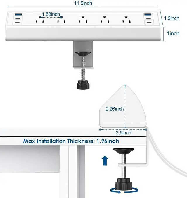 Alt view image 7 of 7 - Desk Clamp Power Strip USB C,40W Total Fast Charging Station,4 PD 20W USB C Ports,Desk Edge Mount Surge Protector,5 Outlets,Fit 1.96" Tabletop Edge,ETL Listed,White