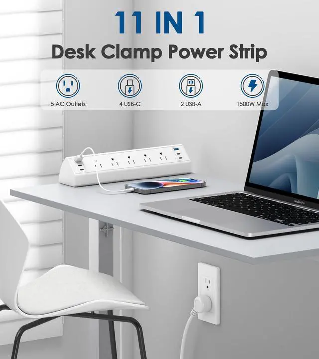 Alt view image 4 of 7 - Desk Clamp Power Strip USB C,40W Total Fast Charging Station,4 PD 20W USB C Ports,Desk Edge Mount Surge Protector,5 Outlets,Fit 1.96" Tabletop Edge,ETL Listed,White