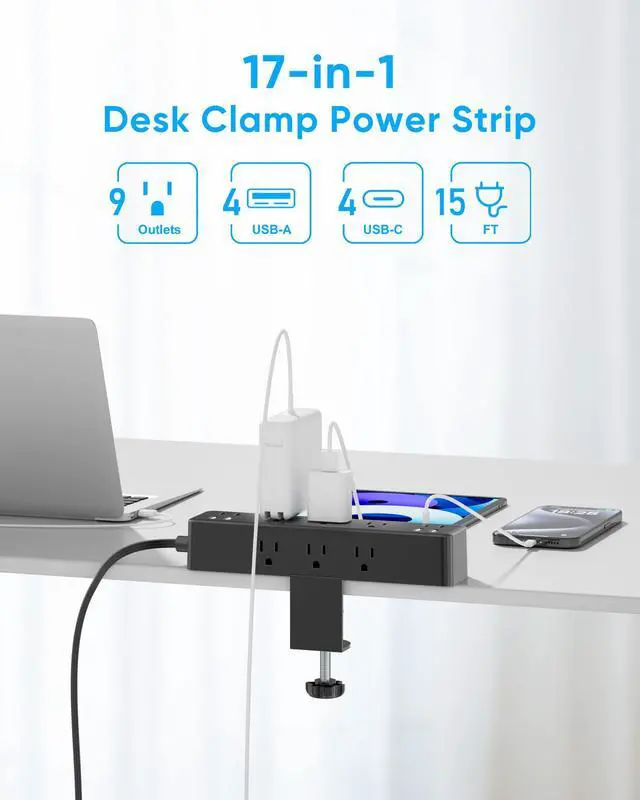 Alt view image 2 of 7 - Flat Plug Desk Clamp Power Strip 15FT, 40W Total Fast Charging Station, Dual PD 20W USB C Ports, Desk Edge Mount Power Strip 9 AC Outlets 8 USB Ports(4 USB C) Surge Protector, Fit 1.7" Tabletop Edge