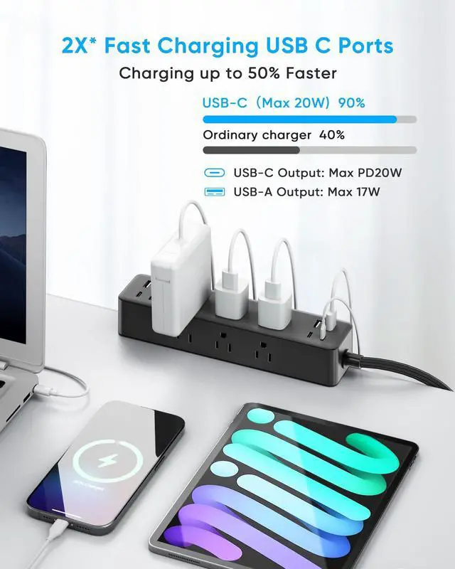 Alt view image 3 of 7 - Flat Plug Desk Clamp Power Strip 15FT, 40W Total Fast Charging Station, Dual PD 20W USB C Ports, Desk Edge Mount Power Strip 9 AC Outlets 8 USB Ports(4 USB C) Surge Protector, Fit 1.7" Tabletop Edge