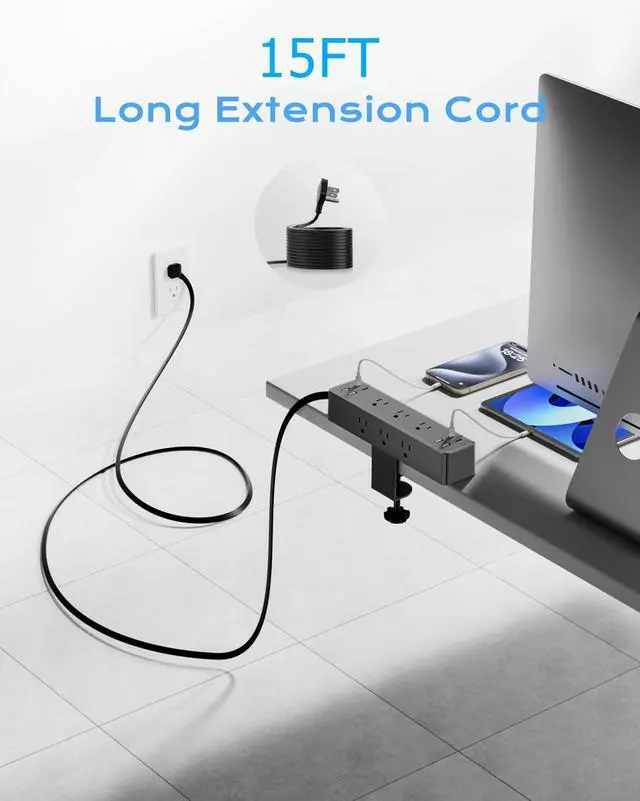 Alt view image 4 of 7 - Flat Plug Desk Clamp Power Strip 15FT, 40W Total Fast Charging Station, Dual PD 20W USB C Ports, Desk Edge Mount Power Strip 9 AC Outlets 8 USB Ports(4 USB C) Surge Protector, Fit 1.7" Tabletop Edge