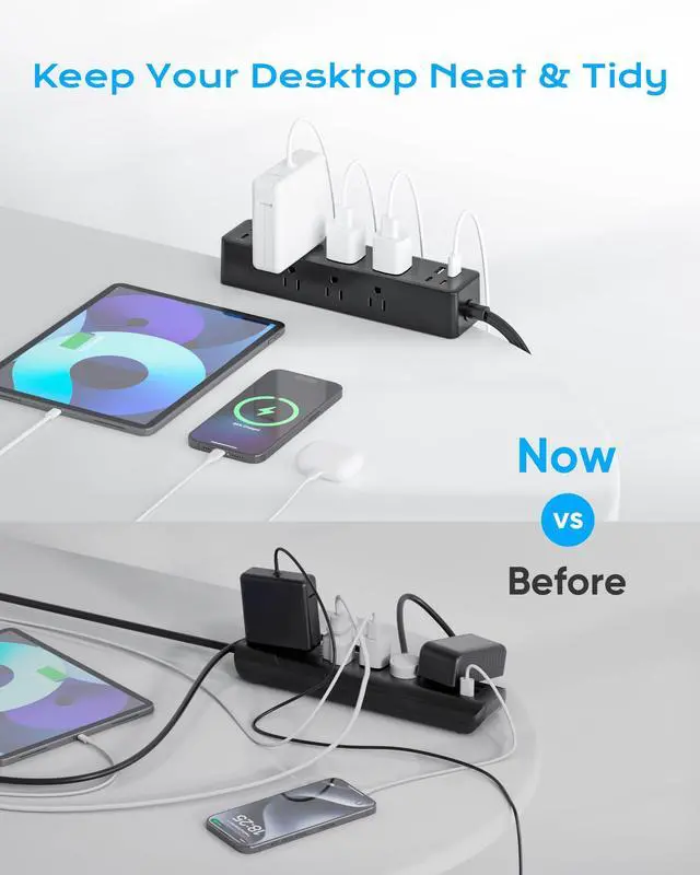Alt view image 6 of 7 - Flat Plug Desk Clamp Power Strip 15FT, 40W Total Fast Charging Station, Dual PD 20W USB C Ports, Desk Edge Mount Power Strip 9 AC Outlets 8 USB Ports(4 USB C) Surge Protector, Fit 1.7" Tabletop Edge