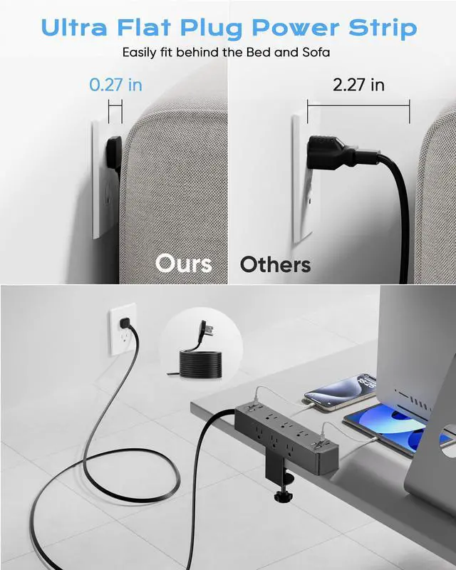 Alt view image 5 of 7 - Flat Plug Desk Clamp Power Strip 15FT, 40W Total Fast Charging Station, Dual PD 20W USB C Ports, Desk Edge Mount Power Strip 9 AC Outlets 8 USB Ports(4 USB C) Surge Protector, Fit 1.7" Tabletop Edge