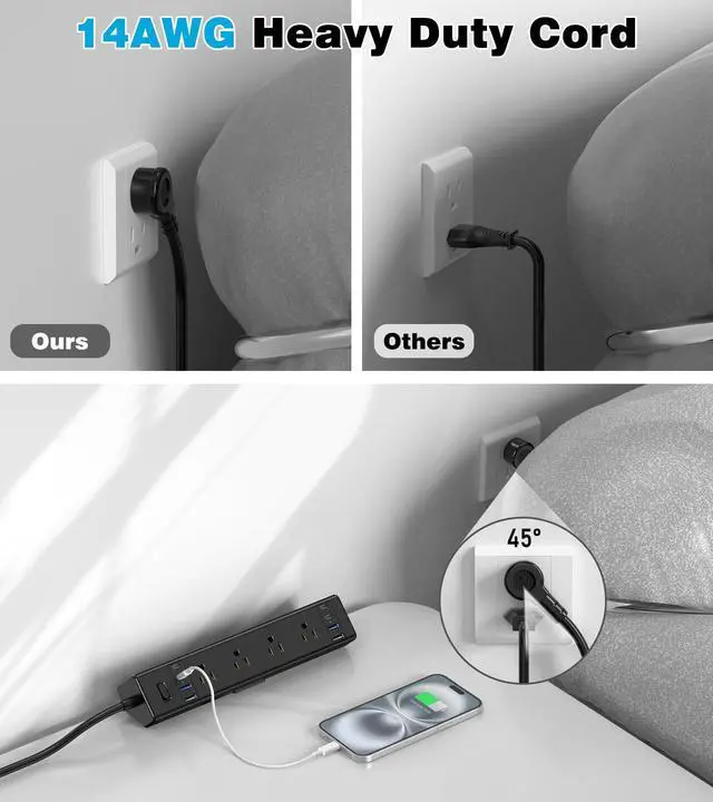 Alt view image 4 of 7 - Desk Clamp Power Strip, Edge Mount, 8AC, 8USB (4 USB-C), 1200J | 40W Fast Charging Station, 6FT 14AWG Cord, Fits 1.9" Desk Edge, Home Office Workstation, Black, ETL Listed