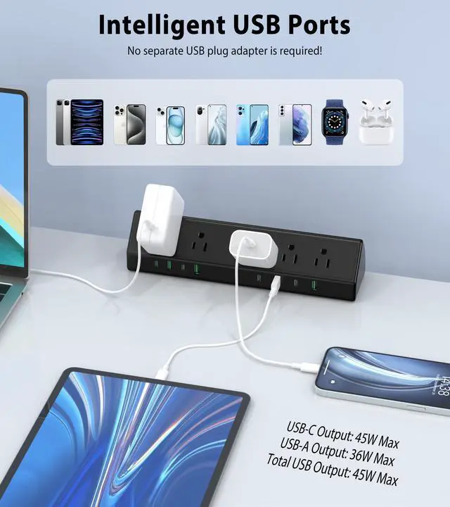 Alt view image 3 of 7 - Desk Clamp Power Strip USB C 45W,8 USB,10FT Cable,Black