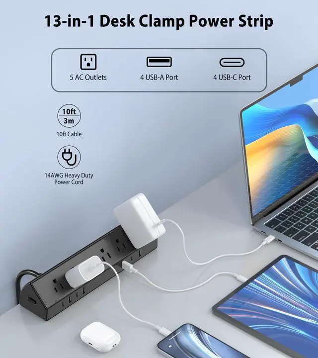 Alt view image 2 of 7 - Desk Clamp Power Strip USB C 45W,8 USB,10FT Cable,Black