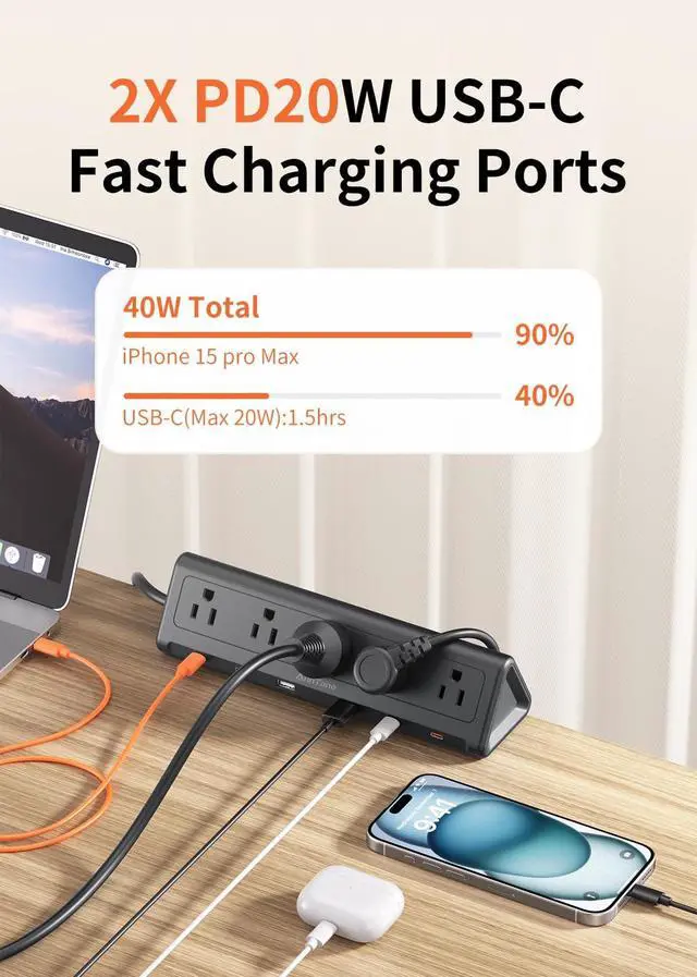 Alt view image 6 of 7 - 6.5 FT Desk Clamp Power Strip with 5 AC Outlets & 6 USB Ports PD 40W USB-C Fast Charging, Extension Cord with Multiple Outlets, Fits 2.1 in top Edge Black