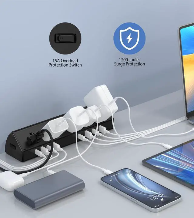 Alt view image 4 of 7 - Desk Clamp Power Strip USB C 45W,8 USB,10FT Cable,Black