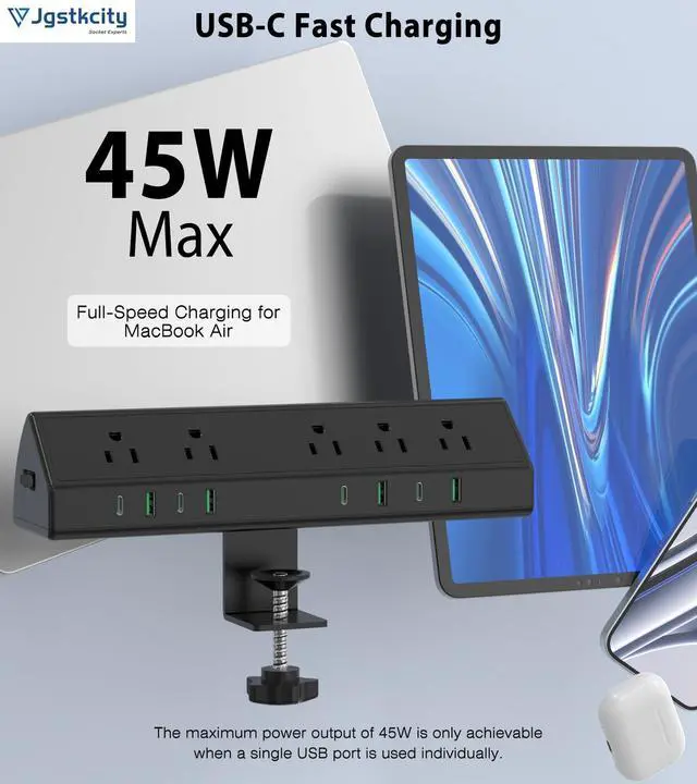 Alt view image 5 of 7 - Desk Clamp Power Strip USB C 45W,8 USB,10FT Cable,Black
