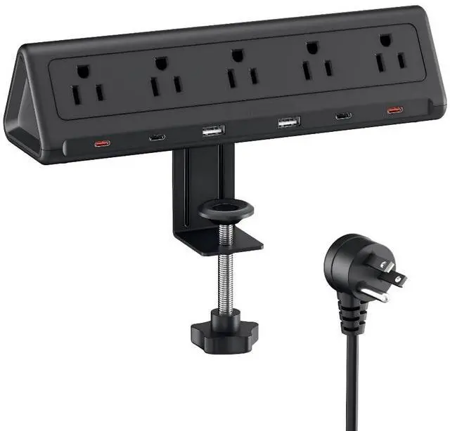 Main image of 6.5 FT Desk Clamp Power Strip with 5 AC Outlets & 6 USB Ports PD 40W USB-C Fast Charging, Extension Cord with Multiple Outlets, Fits 2.1 in top Edge Black