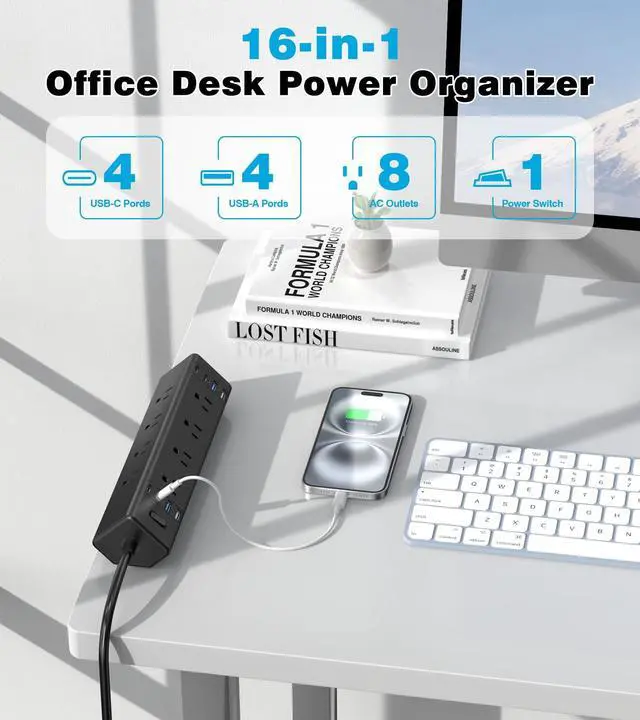 Alt view image 2 of 7 - Desk Clamp Power Strip, Edge Mount, 8AC, 8USB (4 USB-C), 1200J | 40W Fast Charging Station, 6FT 14AWG Cord, Fits 1.9" Desk Edge, Home Office Workstation, Black, ETL Listed
