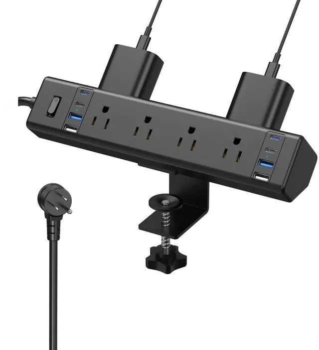 Main image of Desk Clamp Power Strip, Edge Mount, 8AC, 8USB (4 USB-C), 1200J | 40W Fast Charging Station, 6FT 14AWG Cord, Fits 1.9" Desk Edge, Home Office Workstation, Black, ETL Listed