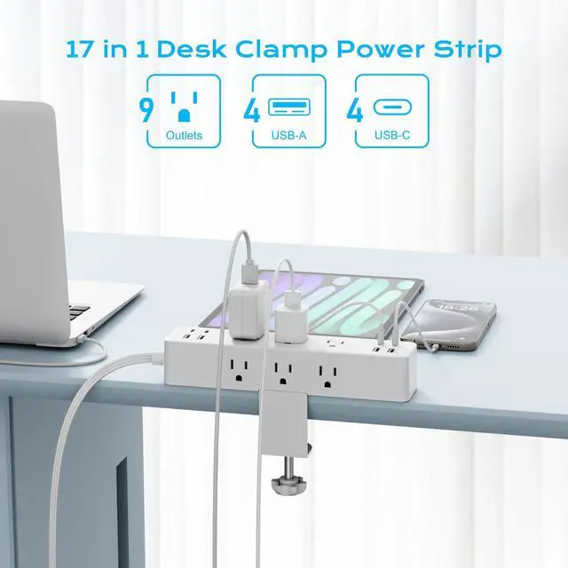 Alt view image 3 of 7 - Flat Plug Desk Clamp Power Strip 10FT, 40W Total Fast Charging Station, 2 PD20W USB C Ports, Desk Edge Mount Power Strip 9 AC Outlets 8 USB Ports Surge Protector, Fit 1.7" Tabletop Edge, White
