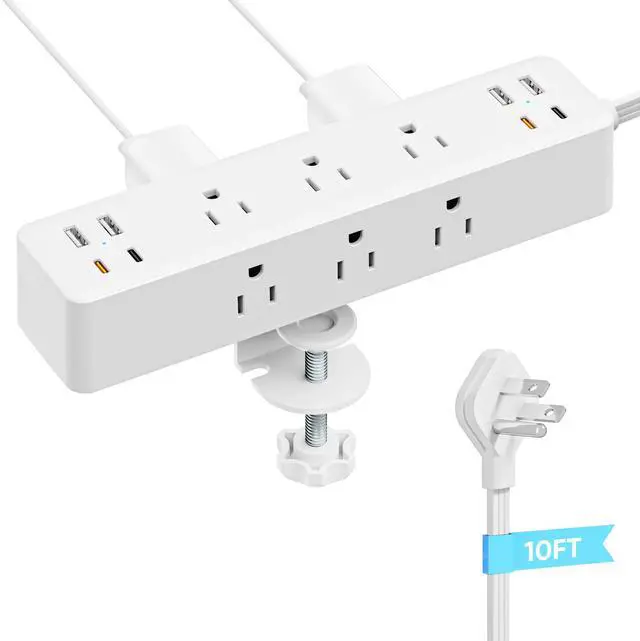 Main image of Flat Plug Desk Clamp Power Strip 10FT, 40W Total Fast Charging Station, 2 PD20W USB C Ports, Desk Edge Mount Power Strip 9 AC Outlets 8 USB Ports Surge Protector, Fit 1.7" Tabletop Edge, White