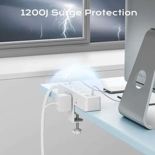 Alt view image 6 of 7 - Flat Plug Desk Clamp Power Strip 10FT, 40W Total Fast Charging Station, 2 PD20W USB C Ports, Desk Edge Mount Power Strip 9 AC Outlets 8 USB Ports Surge Protector, Fit 1.7" Tabletop Edge, White