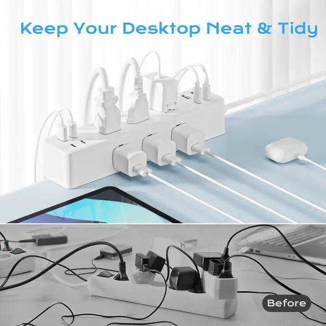 Alt view image 5 of 7 - Flat Plug Desk Clamp Power Strip 10FT, 40W Total Fast Charging Station, 2 PD20W USB C Ports, Desk Edge Mount Power Strip 9 AC Outlets 8 USB Ports Surge Protector, Fit 1.7" Tabletop Edge, White