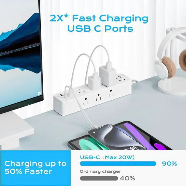 Alt view image 2 of 7 - Flat Plug Desk Clamp Power Strip 10FT, 40W Total Fast Charging Station, 2 PD20W USB C Ports, Desk Edge Mount Power Strip 9 AC Outlets 8 USB Ports Surge Protector, Fit 1.7" Tabletop Edge, White