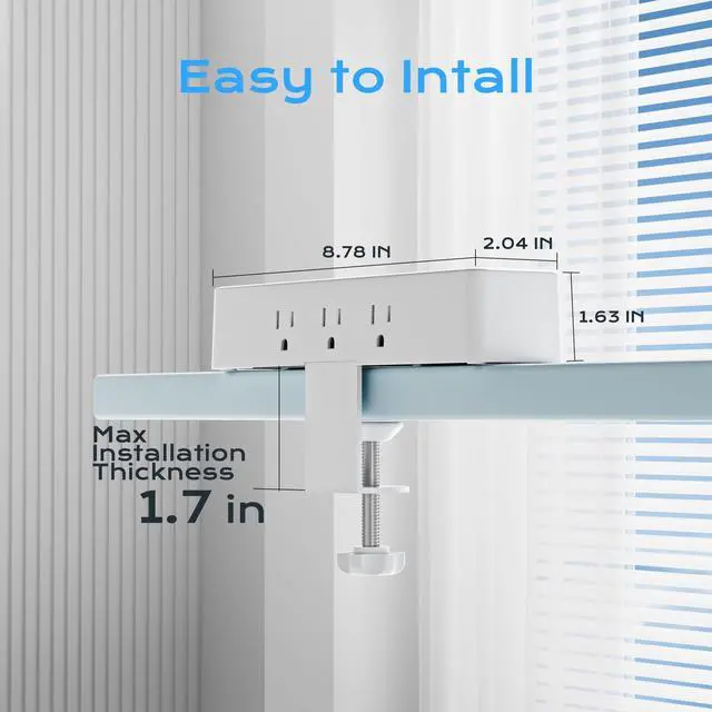 Alt view image 7 of 7 - Flat Plug Desk Clamp Power Strip 10FT, 40W Total Fast Charging Station, 2 PD20W USB C Ports, Desk Edge Mount Power Strip 9 AC Outlets 8 USB Ports Surge Protector, Fit 1.7" Tabletop Edge, White